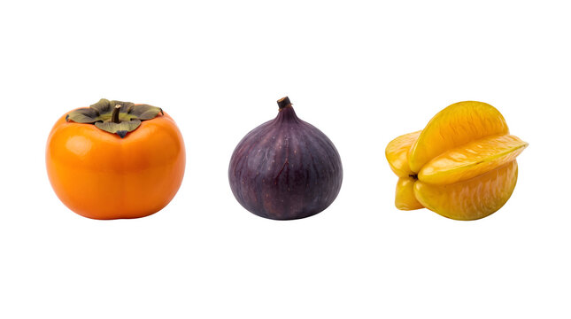 Exotic fruit collection with persimmon, purple fig and yellow starfruit. Tropical fruit set on white background, fresh organic food