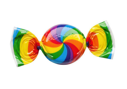 Colorful rainbow candy wrapped in shiny foil isolated on transparent background