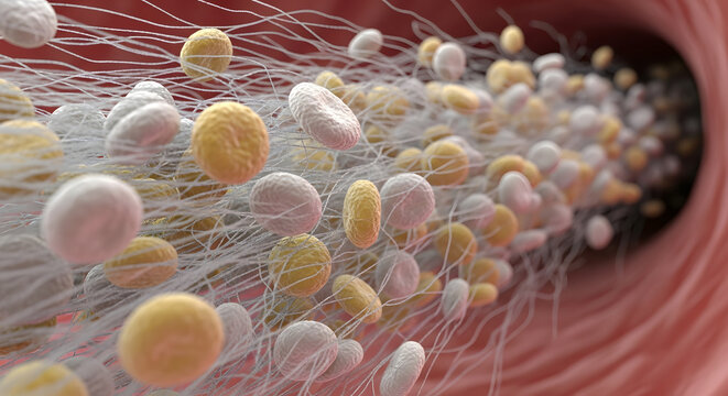 3D medical illustration of blood clotting process with fibrin mesh trapping cells inside a vessel