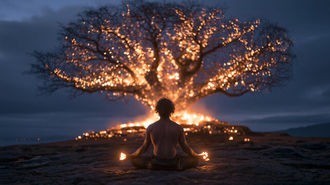 Man Meditating in Front of Illuminated Tree at Night