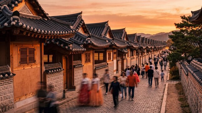 Bukchon Hanok Village Street at Sunset in Seoul