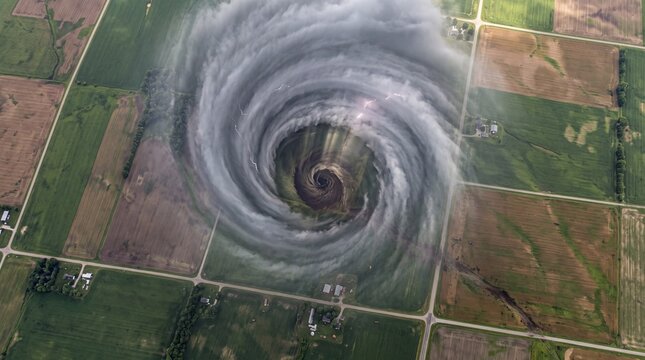 Aerial View of Massive Tornado Vortex Over Farmland