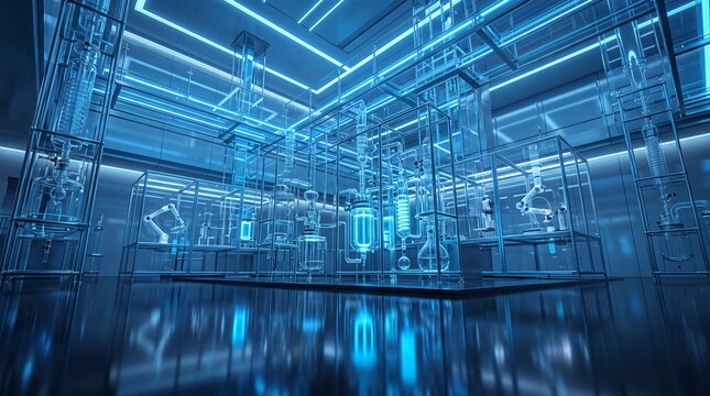 Automated Futuristic Laboratory with Chemistry Equipment and Robotics
