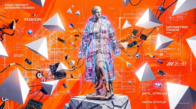 Classical Sculpture in Glowing Neon Coat with Abstract Shapes