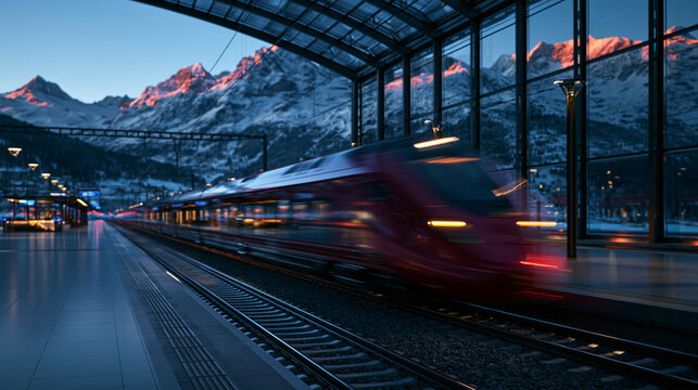 High Speed Train Passing Modern Station Against Snowy Mountains