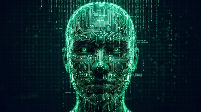 Artificial Intelligence Humanoid Face with Circuit Board and Code