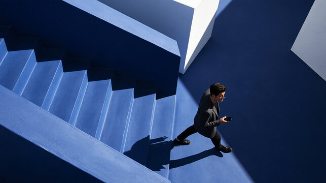 Businessman Using Smartphone Walking on Blue Modern Stairs