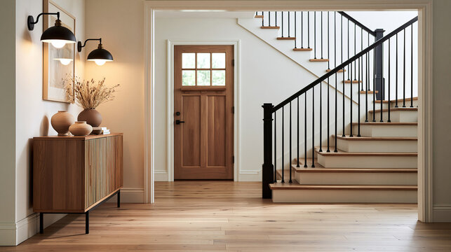 Modern House Entryway with Wooden Door and Staircase
