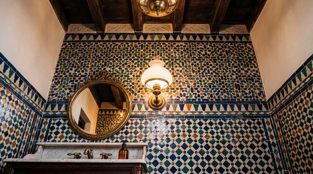 Moroccan Style Bathroom with Mosaic Tile Wall and Mirror