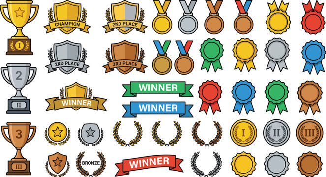 Award emblems, trophies, medals, and ribbons symbolizing success, victory, and outstanding achievement