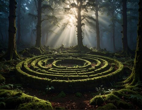 An intricate circular stone maze with overgrown moss nestled deep inside a mysterious misty forest with sunbeams. Ideal for problem-solving and strategic planning concepts.