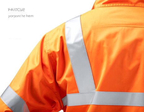 Close-up of a bright safety orange high-visibility work jacket with reflective stripes. Ideal for construction safety and industrial occupational health campaigns.