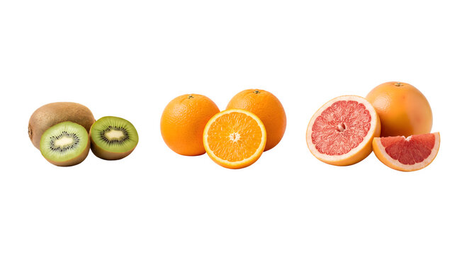 Fresh citrus fruit collection, sliced kiwi and orange halves on white background, ripe grapefruit and tropical fruits for healthy diet