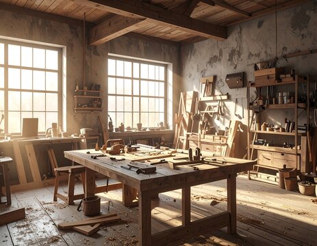 Rustic carpentry workshop and artisan woodworking studio interior filled with vintage tools and wooden workbenches. Ideal for handmade craft and artisanal business concepts.