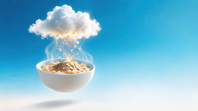 Fibermaxxing concept with cloud raining cereal flakes and seeds into bowl of healthy breakfast porridge under bright blue sky