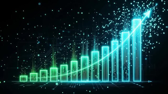 Digital bar graph shows increasing financial growth with glowing neon lights