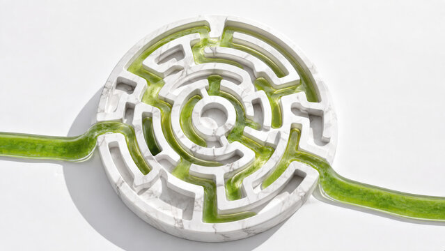 Circular marble maze with green liquid path flowing through it symbolizes fibermaxxing and creative problem solving in clean bright setting