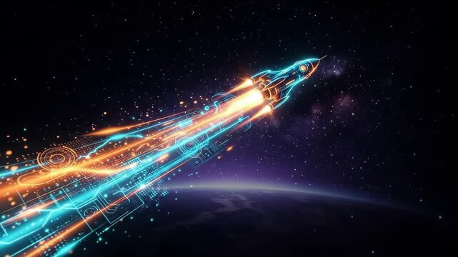 Futuristic rocket blasting off into a starry cosmos with glowing energy trails