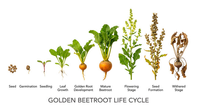Golden beetroot life cycle, showing stages from seed to withered plant