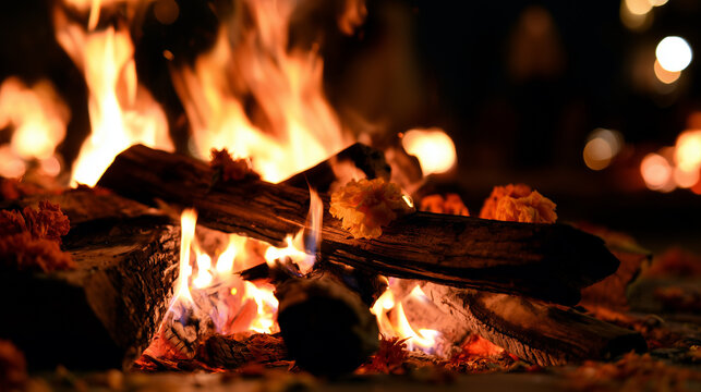 Low-angle nighttime view of smoldering timber and glowing flames decorated with marigold flowers during traditional Hindu cremation rites, warm firelight contrasting with deep dark