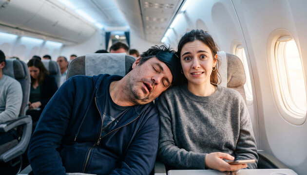 Awkward shoulder pillow leads to reluctant seatmate reaction on airplane