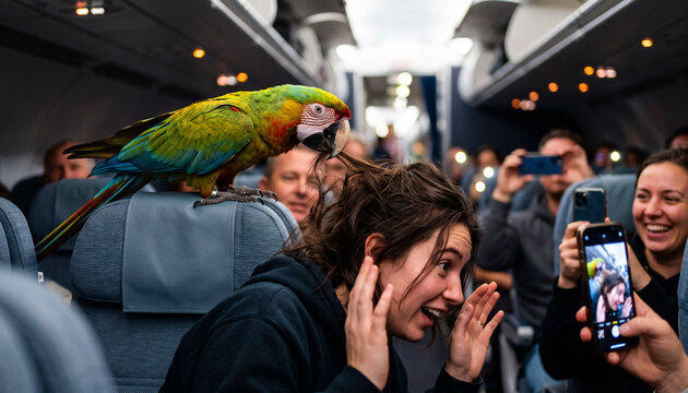 Emotional support parrot creates chaos on airplane headrest during flight