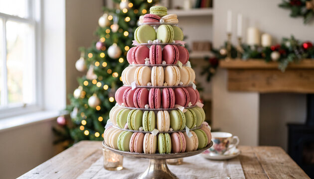 French macaron pyramid at a high end patisserie in Paris during the holiday season