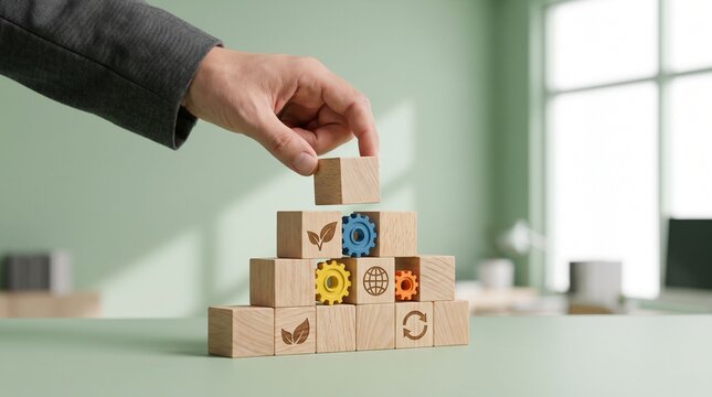 Business Professional Stacking Wooden Blocks with Environmental Sustainability Icons Representing Green Corporate Strategy, ESG Goals, and Ecological Industry Development for Future Growth