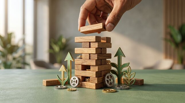 Strategic hand building wooden block tower with gears and upward arrows representing swift business enhancement and stability growth concept.