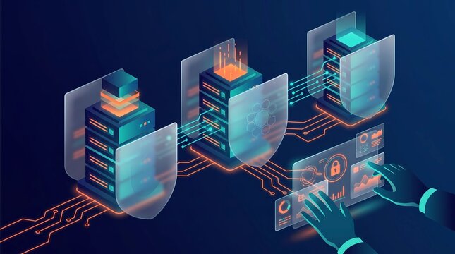 Isometric secure server network with glowing shields user controlling cybersecurity dashboard concept