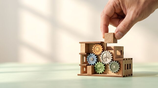 Close-up of hand building sustainable system with wooden blocks and gears representing solar, wind, and green technology, symbolizing eco-friendly urban development and environmental progress.