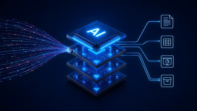 Artificial intelligence stacked microchip layers processing data streams connected to digital business and multimedia icons