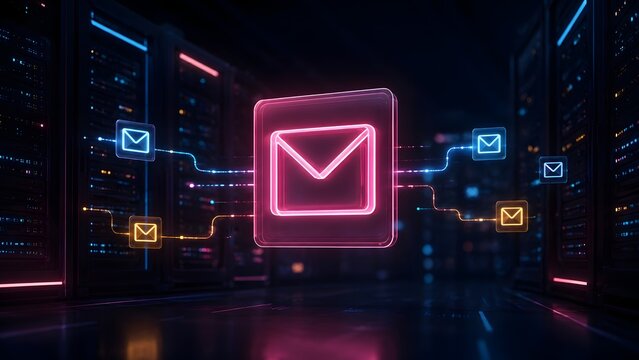 Digital communication network concept with glowing pink email envelope inside data center server room