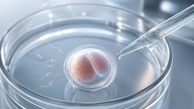 Microscopic View Of In Vitro Fertilization IVF Process With Pipette And Dividing Embryo In Petri Dish