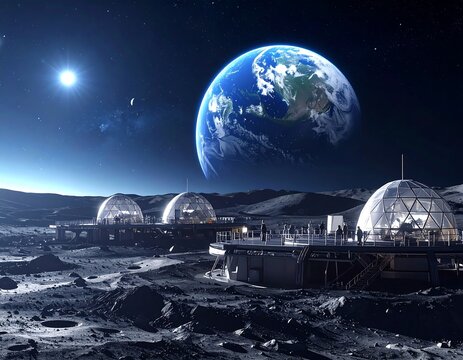 Futuristic lunar base and moon settlement with astronauts overlooking planet Earth. Ideal for space exploration and science fiction concepts.