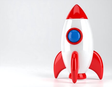 Glossy red and white toy rocket ship standing against a clean white background. Ideal for startup launch and business innovation concepts.