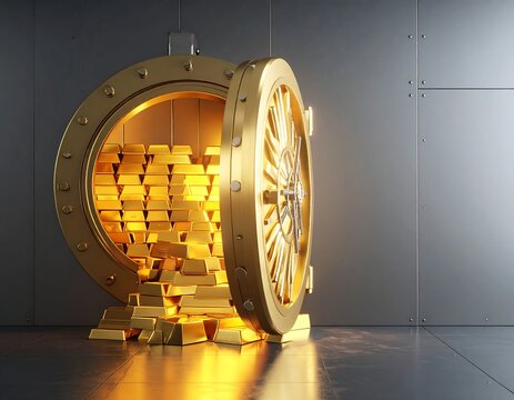 A heavy golden bank vault door wide open, revealing stacked gold bullion spilling out onto the floor. Perfect for financial security and wealth management concepts.