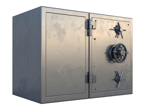 Heavy steel vault safe with intricate combination lock wheels against a white background. Perfect for financial security and data protection concepts.