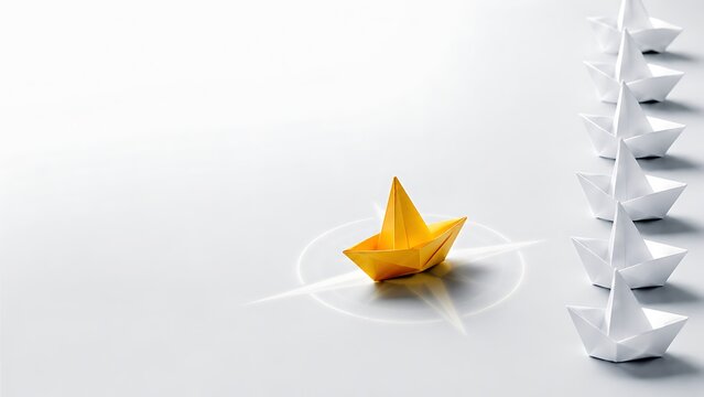Yellow Paper Boat Breaking Away from Queue on Glowing Compass for Individual Business Strategy
