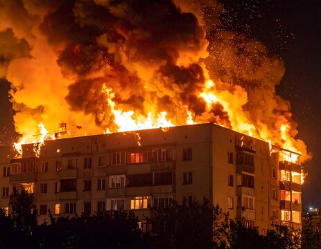 Intense burning apartment building engulfed in massive flames and thick dark smoke at night. Ideal for emergency services, disaster news, and urban fire safety concepts.