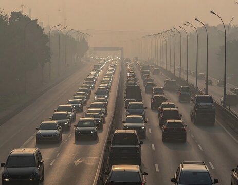 Massive traffic jam of cars and trucks stalled on a busy multi-lane highway during rush hour. Perfect for illustrating urban congestion and environmental pollution concepts.