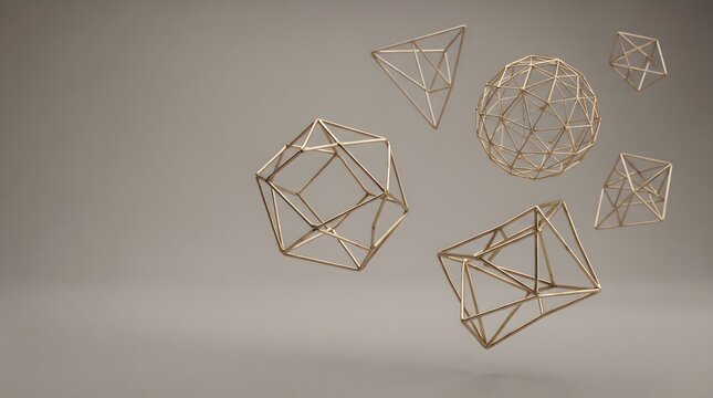 Floating geometric wireframe shapes in minimalist design.