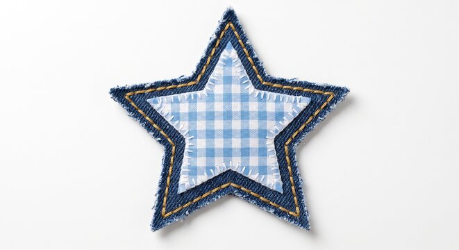A star-shaped denim fabric applique patch with a light blue and white checkered gingham pattern on a clean white background