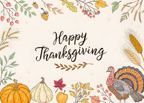 Happy thanksgiving design with festive autumn wreath and turkey fall leaves harvest fest