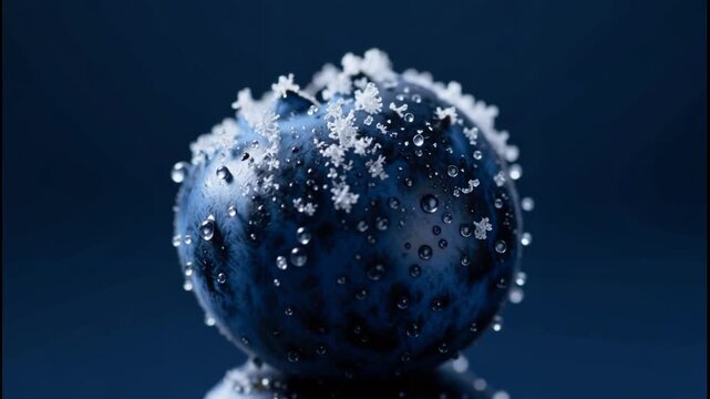 Close-up of frost-covered blueberries with water droplets on dark background