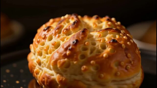 Golden-brown braided bread with sesame seeds and air pockets, rotating on dark surface