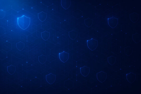 Blue cybersecurity background with glowing shield icons pattern on hexagon network grid, digital protection concept