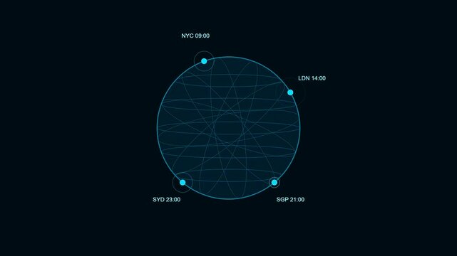 a digital content scheduler interface animates circular nodes representing global time zones against a dark minimalist aesthetic grid pattern used for tracking international work schedules