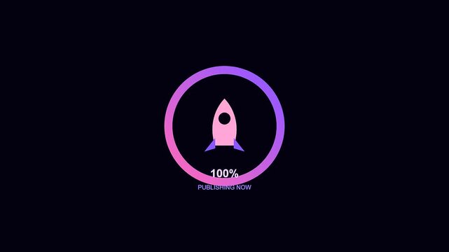 A content scheduler progress animation showcases three circular loading bars with a pink rocket ship icon representing software deployment phases against a dark purple background