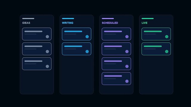 A content scheduler interface transitions through multiple stages of digital workflow development showing task organization with vibrant neon icons across dark minimalist column style display elements